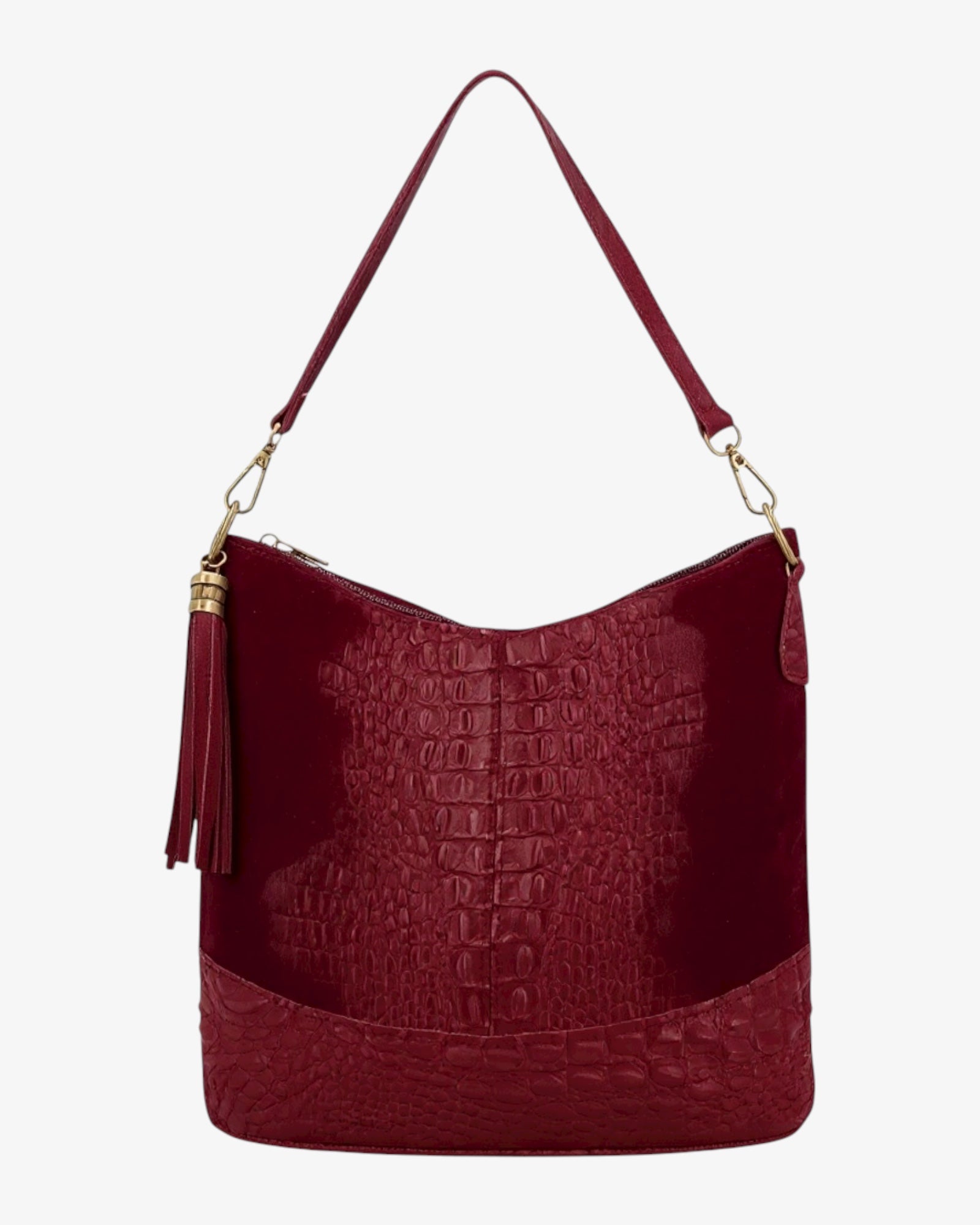 Suede Croc Print Leather Bucket Bag with Tassel