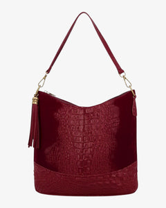 Suede Croc Print Leather Bucket Bag with Tassel