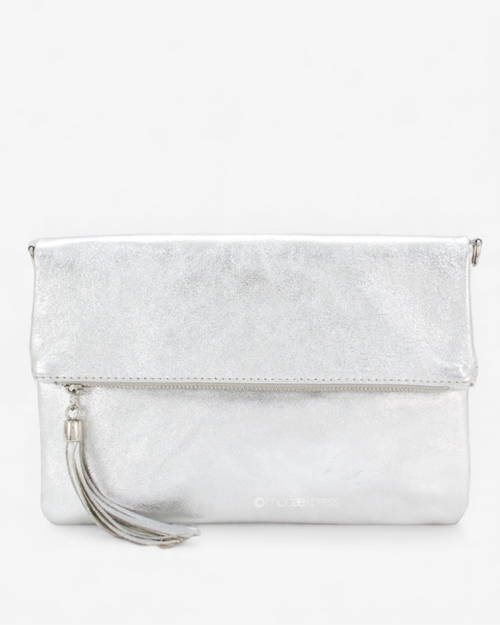 Foldover Silver Metallic Leather Clutch