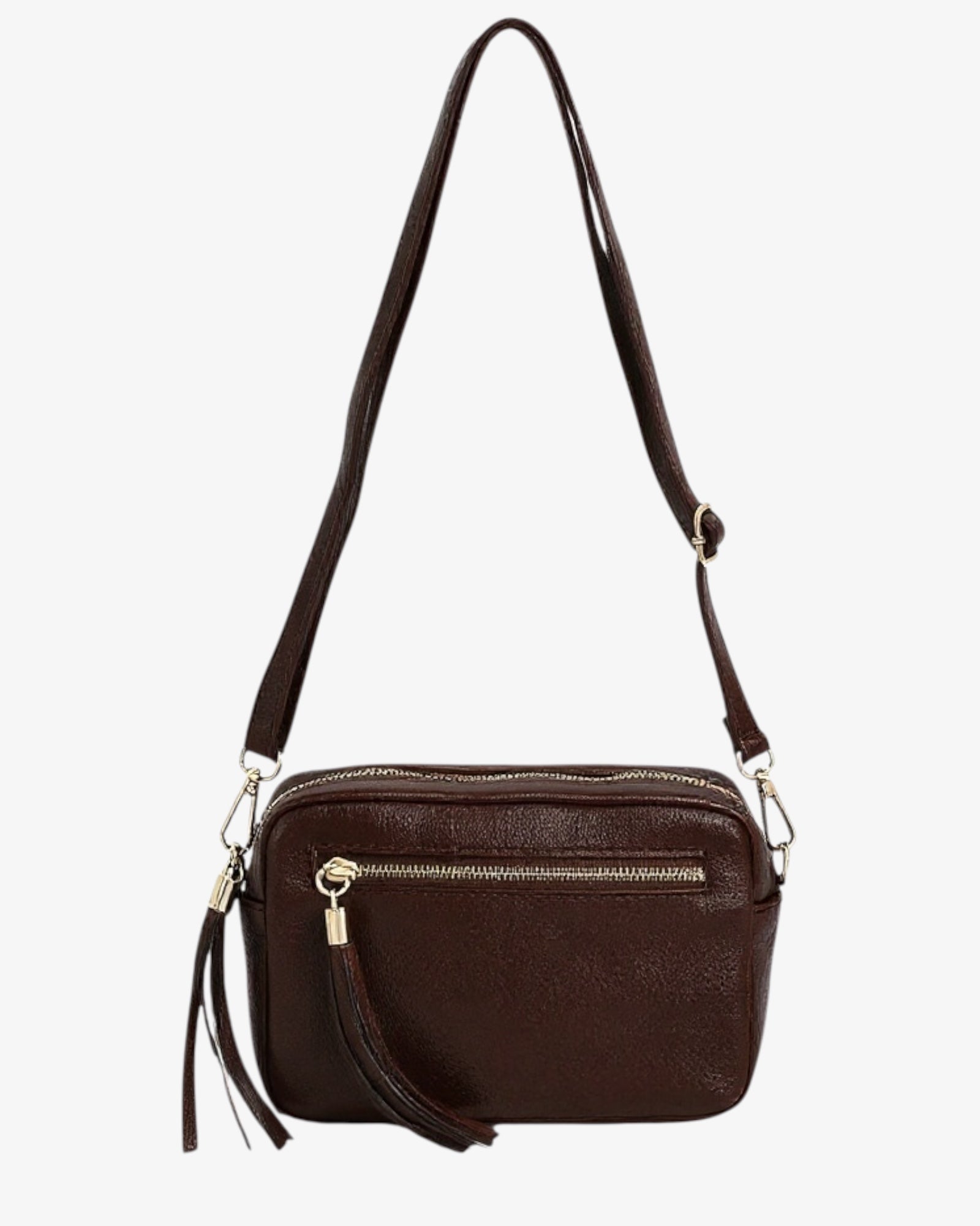 Leather Rectangle Tassel Crossbody - Chocolate