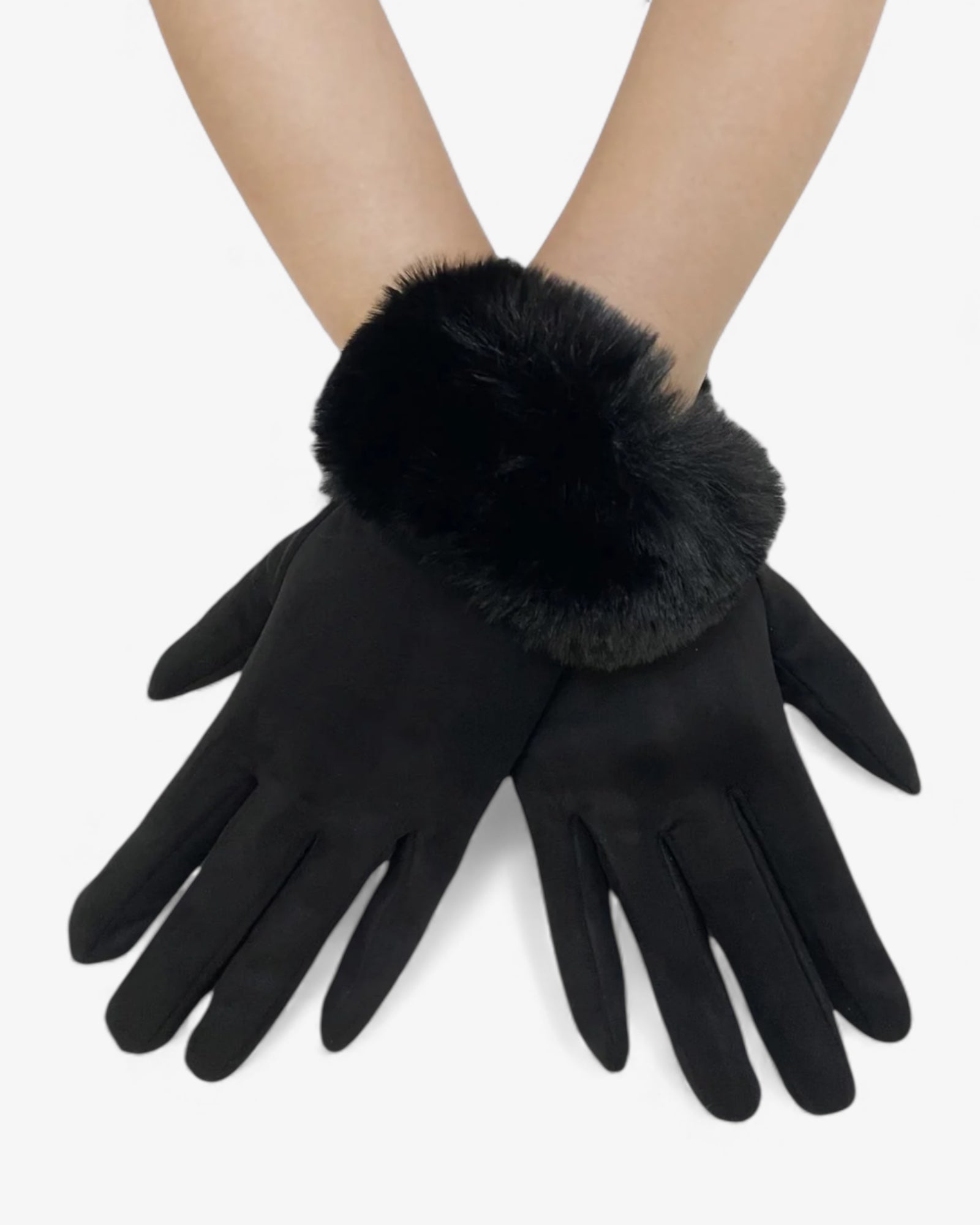 Faux Fur Trim Touch Screen Gloves - Black