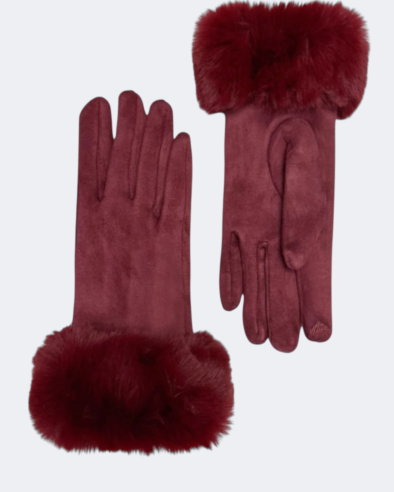 Faux Fur Trim Touch Screen Gloves - Wine