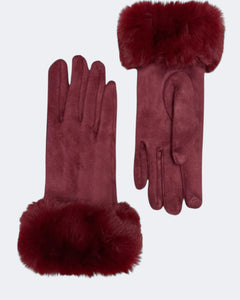 Faux Fur Trim Touch Screen Gloves - Wine