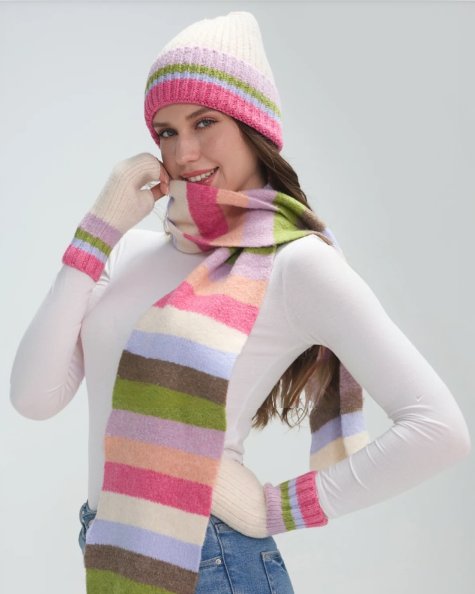 Rainbow Wool Hat Scarf & Glove Set - Pink Mix