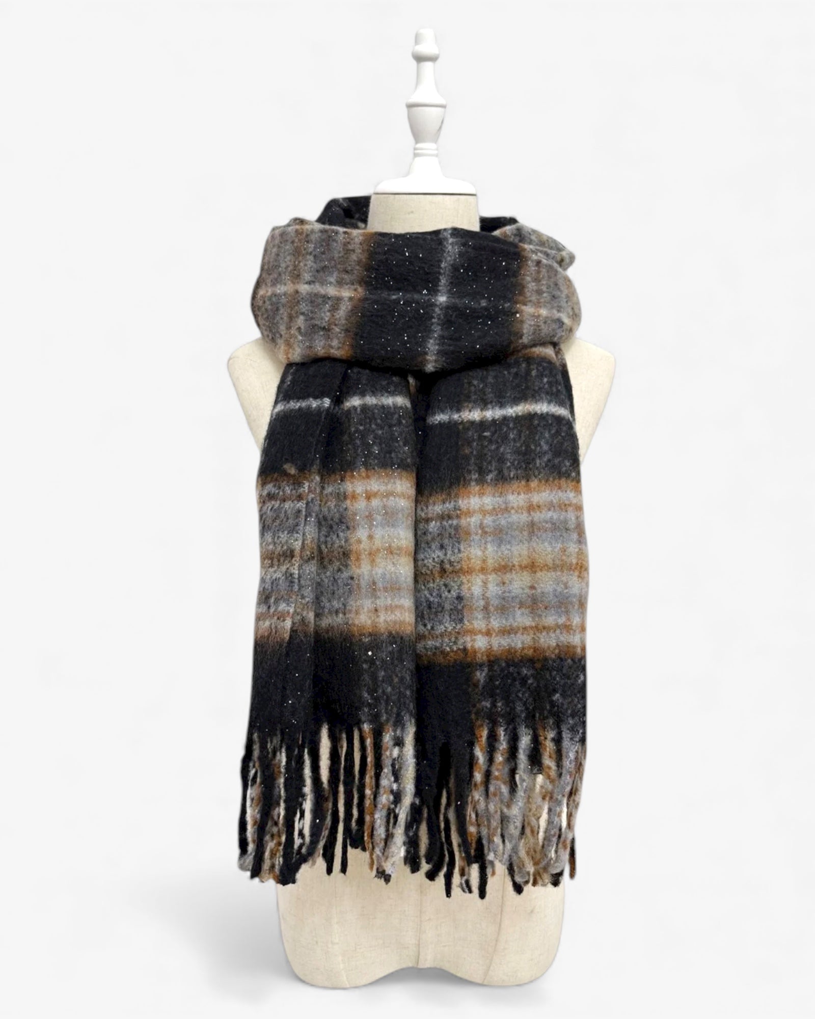Silver Glitter Check Tassel Scarf