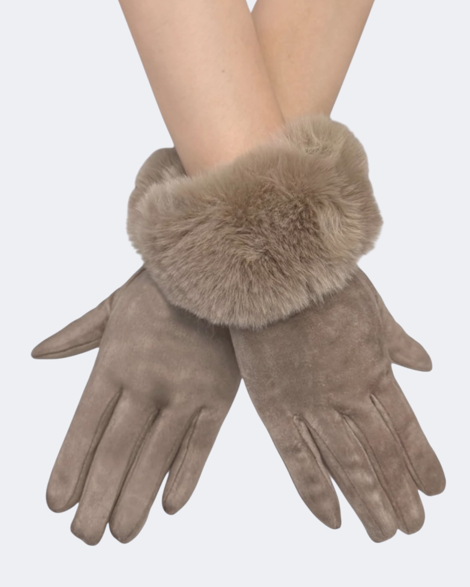 Faux Fur Trim Touch Screen Gloves - Beige