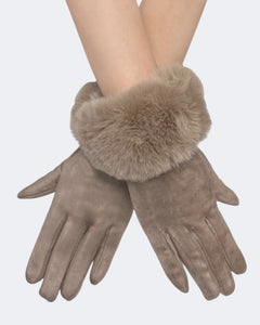 Faux Fur Trim Touch Screen Gloves - Beige