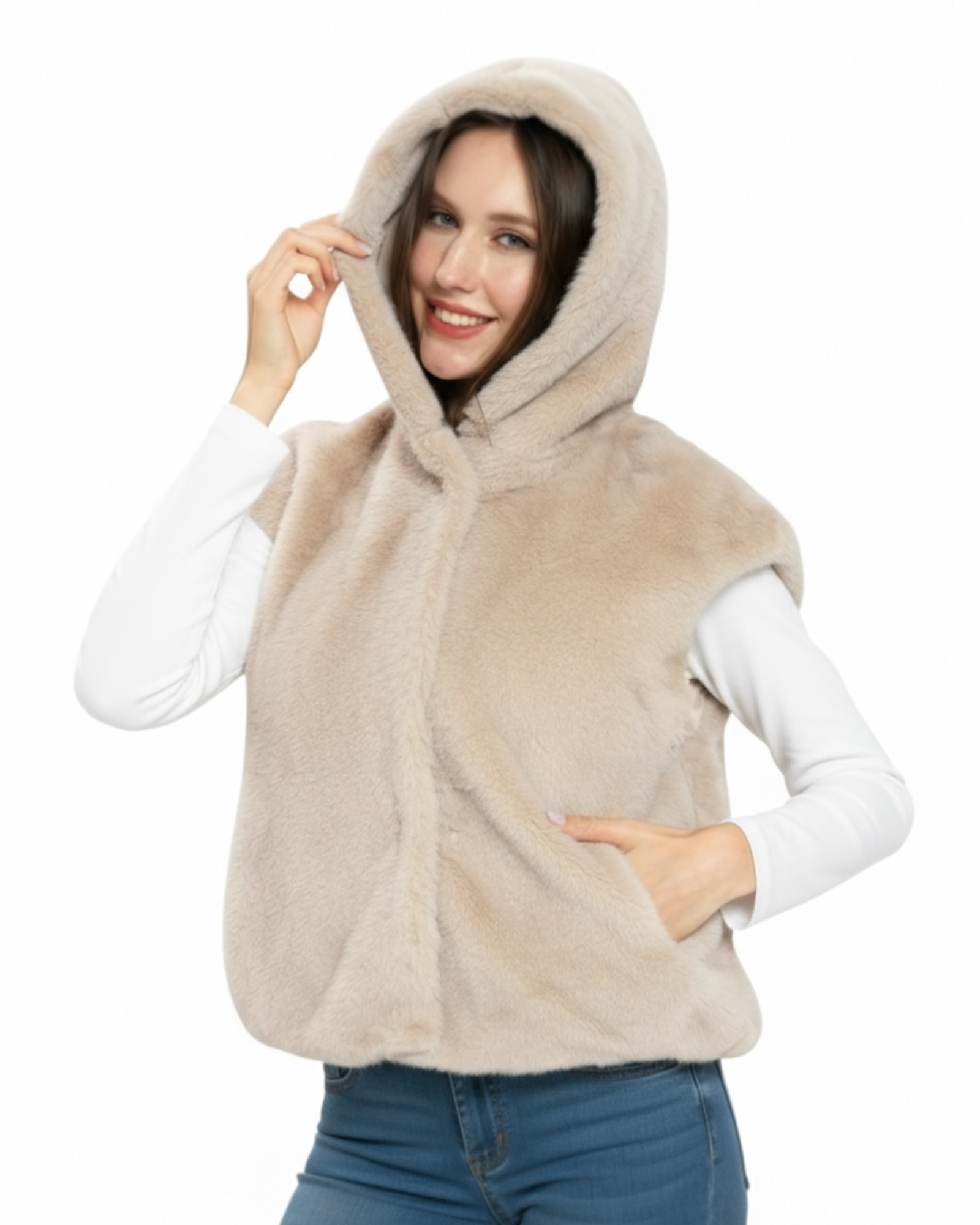 Luxe Faux Fur Hooded Gilet - Beige