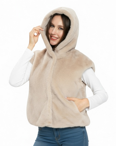 Luxe Faux Fur Hooded Gilet - Beige