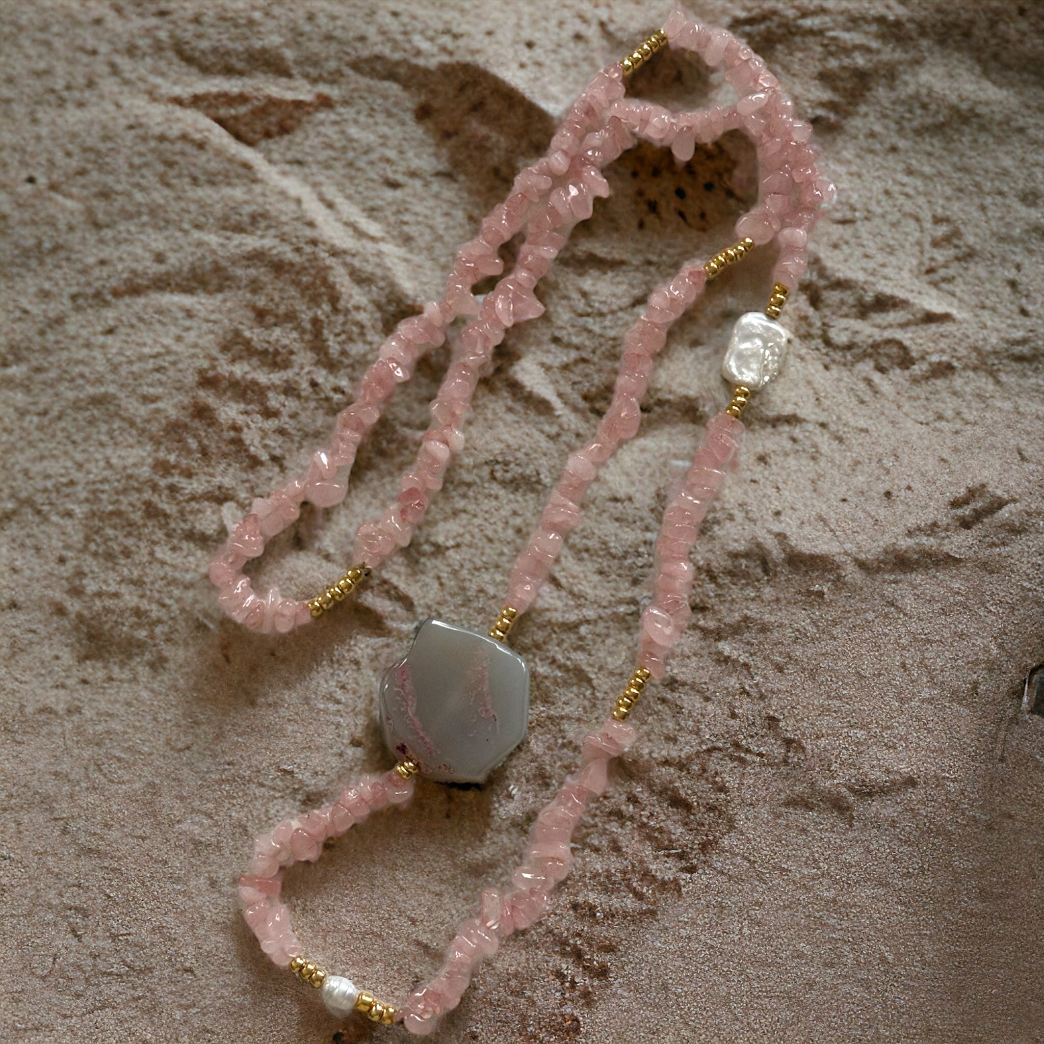 Natural Stone Long Necklace - Pink Pearl