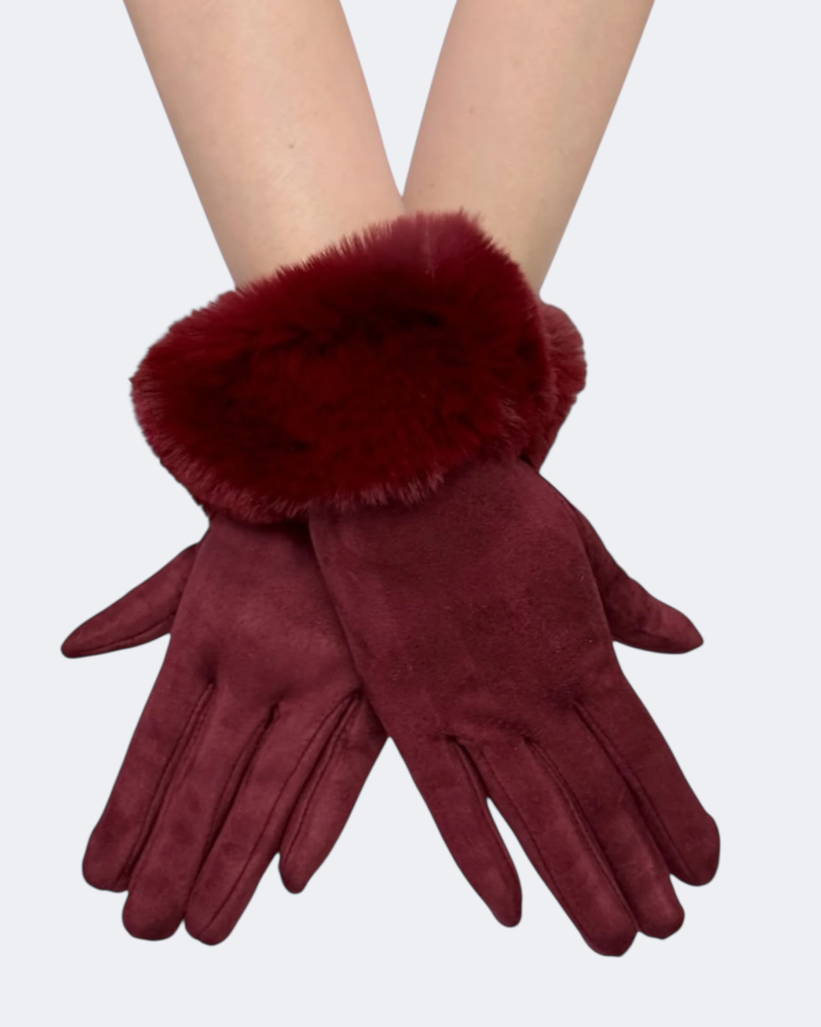 Faux Fur Trim Touch Screen Gloves - Wine