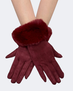 Faux Fur Trim Touch Screen Gloves - Wine