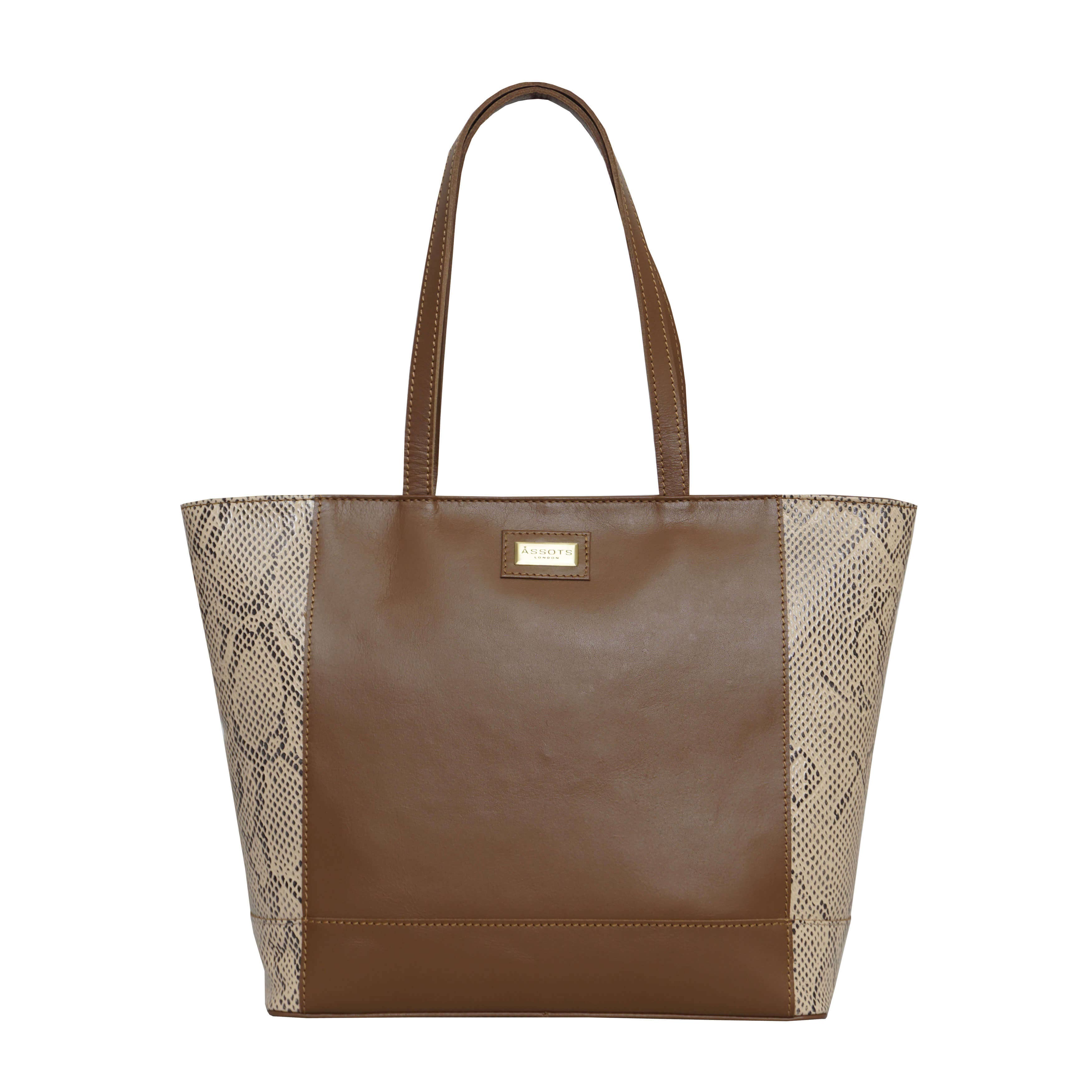 Assots London - Klara Leather Designer Tote - Tan Snake