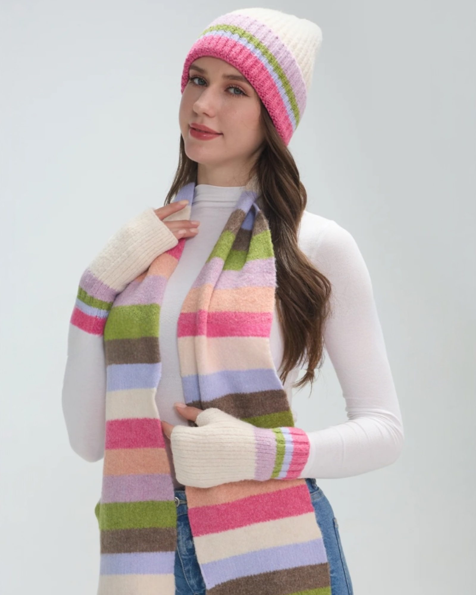 Rainbow Wool Hat Scarf & Glove Set - Pink Mix
