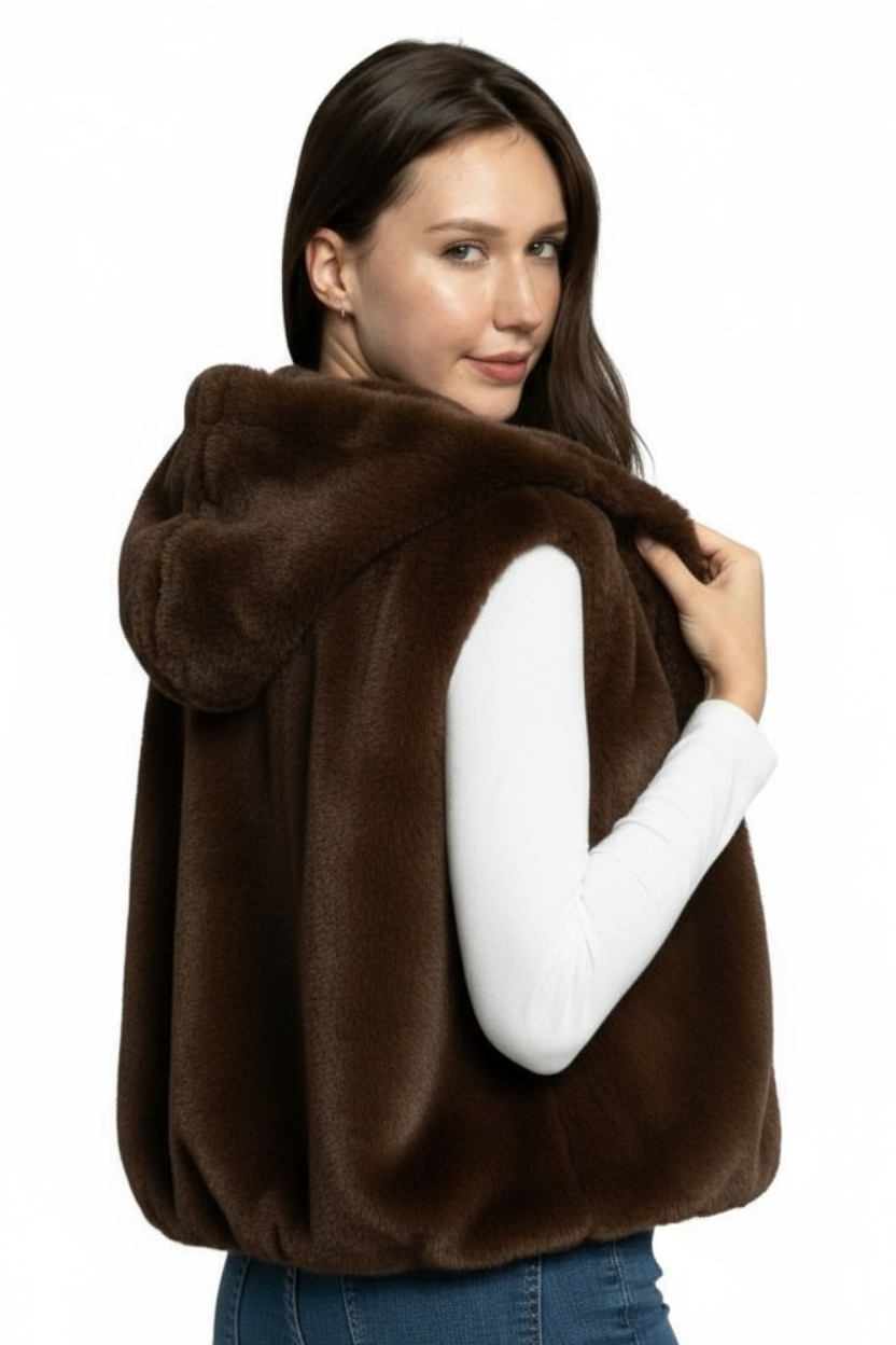Luxe Faux Fur Hooded Gilet - Chocolate