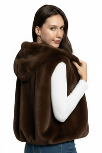 Luxe Faux Fur Hooded Gilet - Chocolate