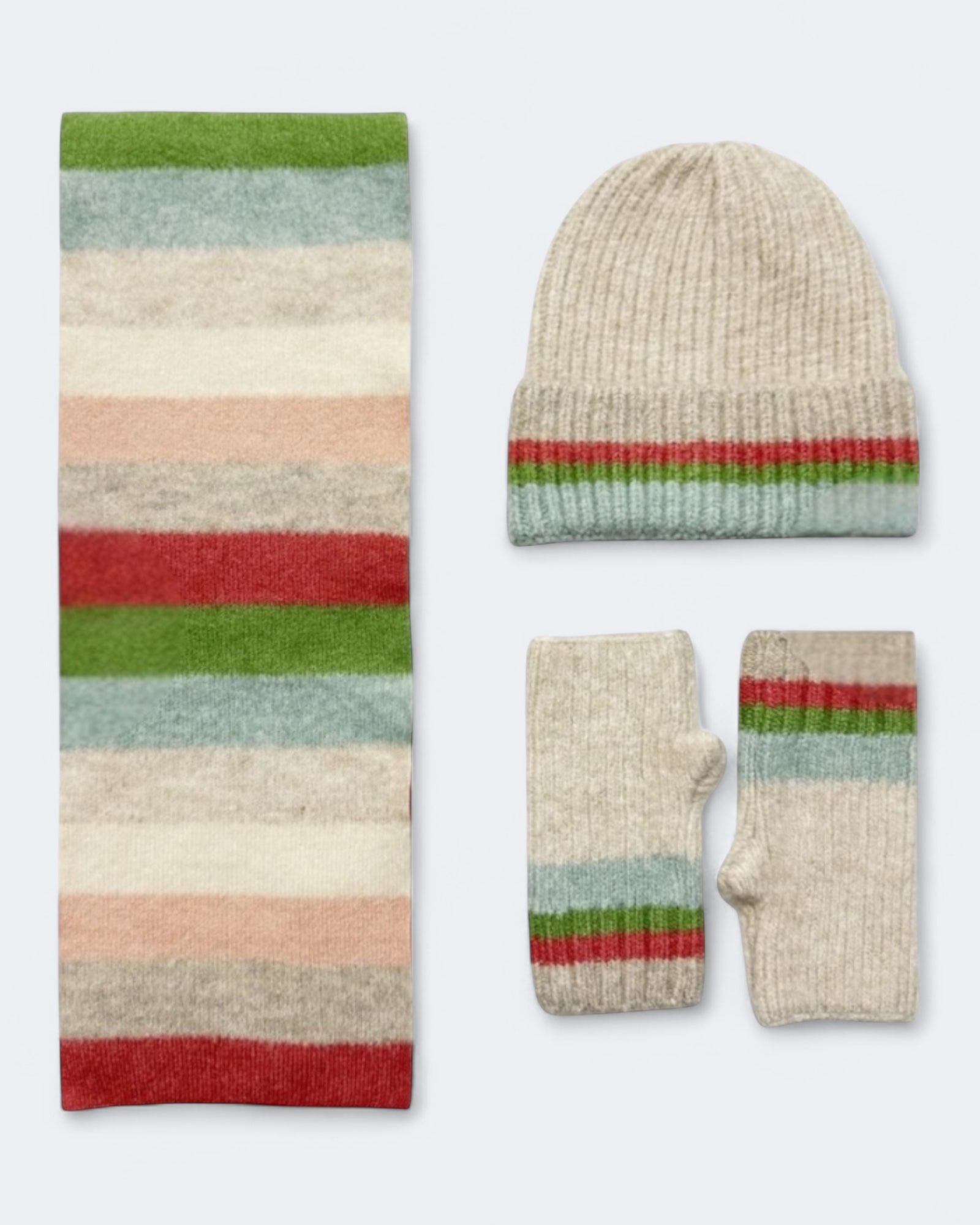Rainbow Wool Hat Scarf & Glove Set - Green Mix