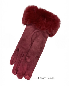Faux Fur Trim Touch Screen Gloves - Wine