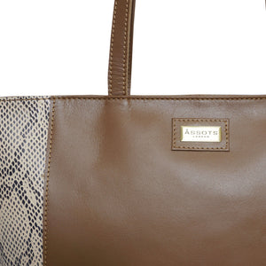 Assots London - Klara Leather Designer Tote - Tan Snake