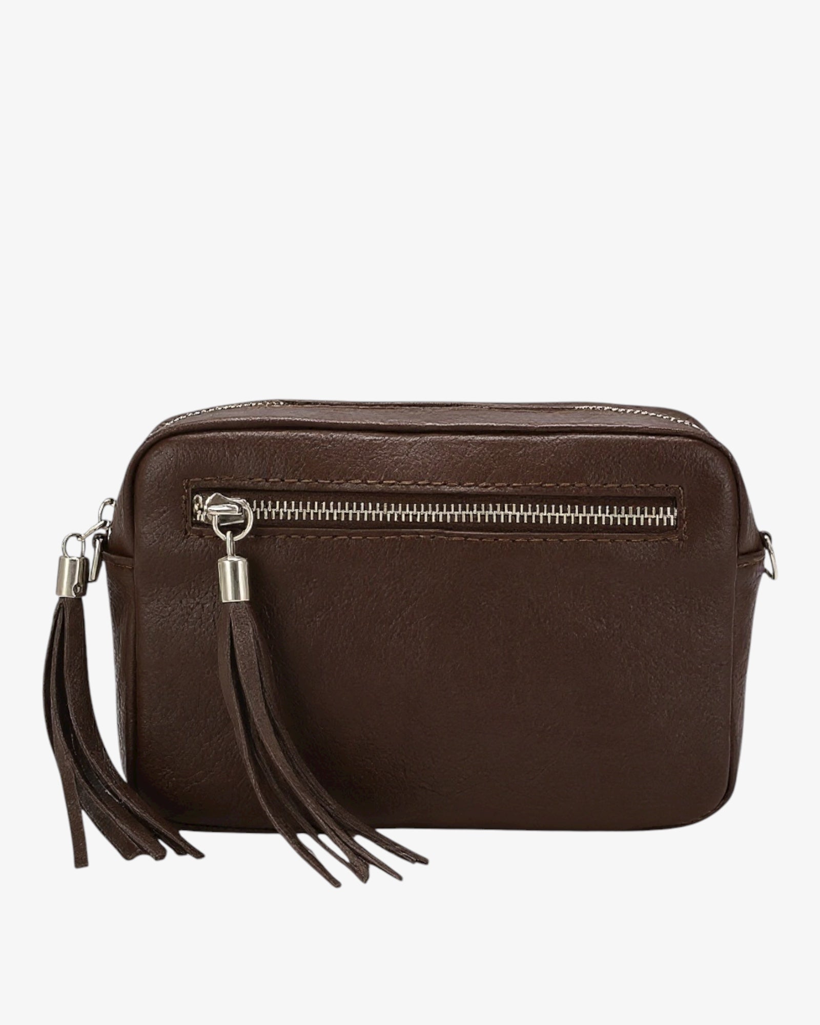 Leather Rectangle Tassel Crossbody - Chocolate