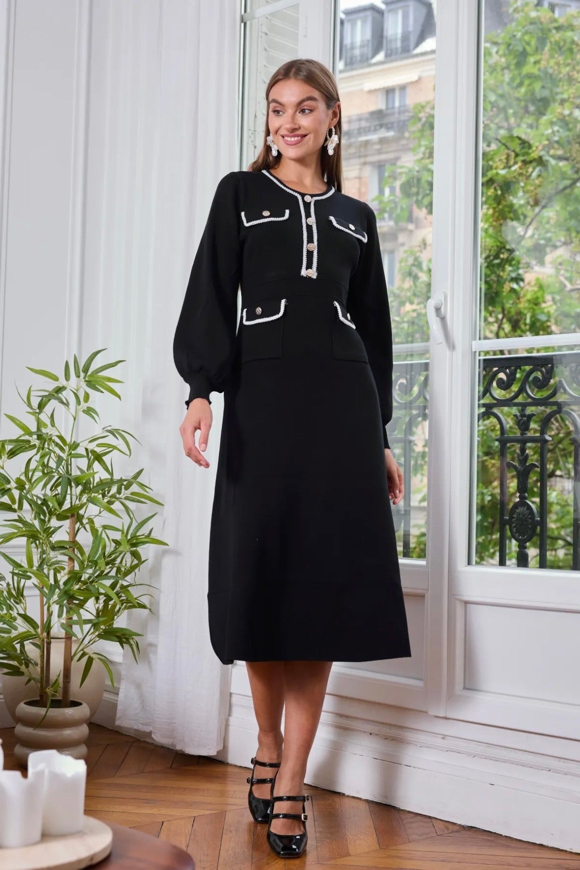 Tailored Detail Black Midi Dress