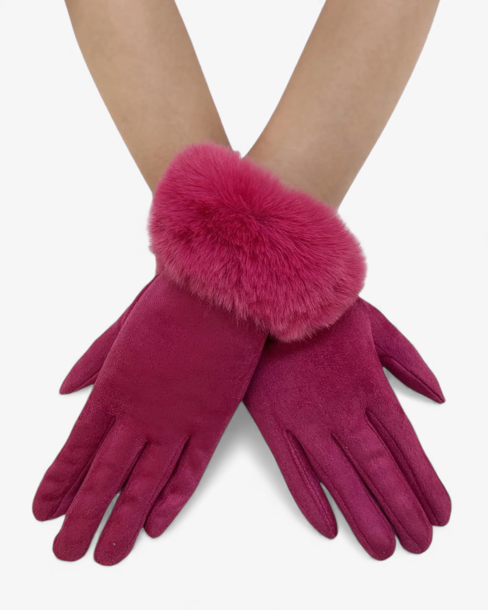 Faux Fur Trim Touch Screen Gloves - Pink