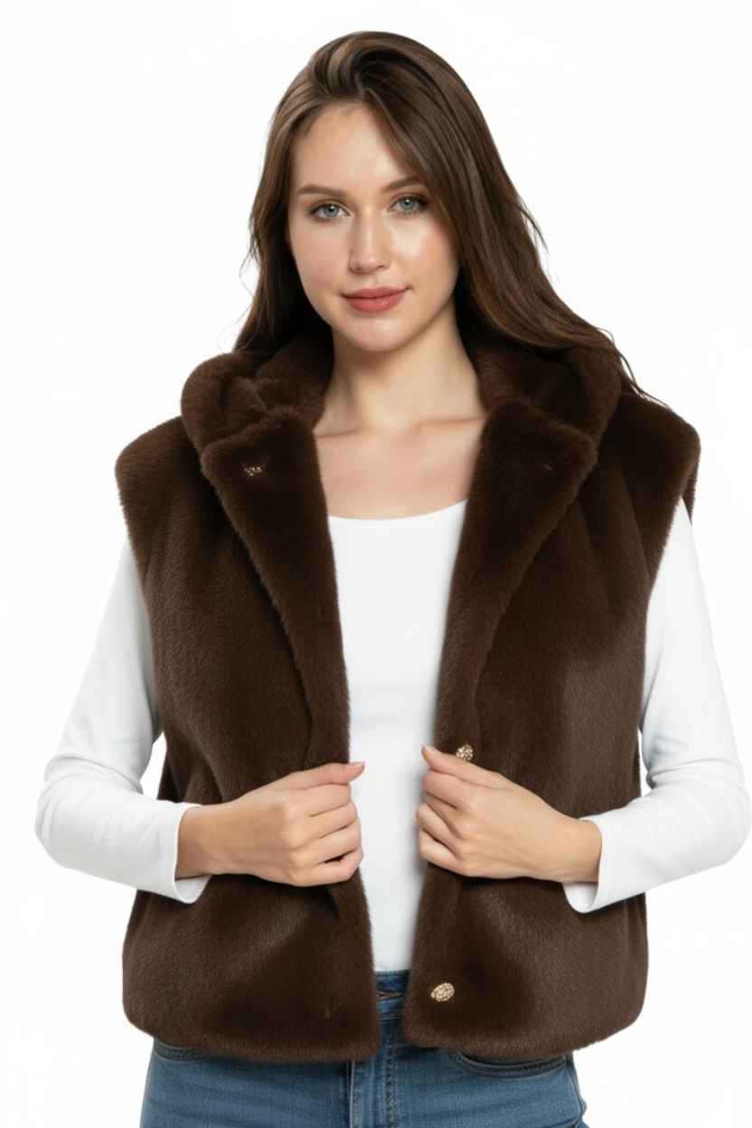 Luxe Faux Fur Hooded Gilet - Chocolate