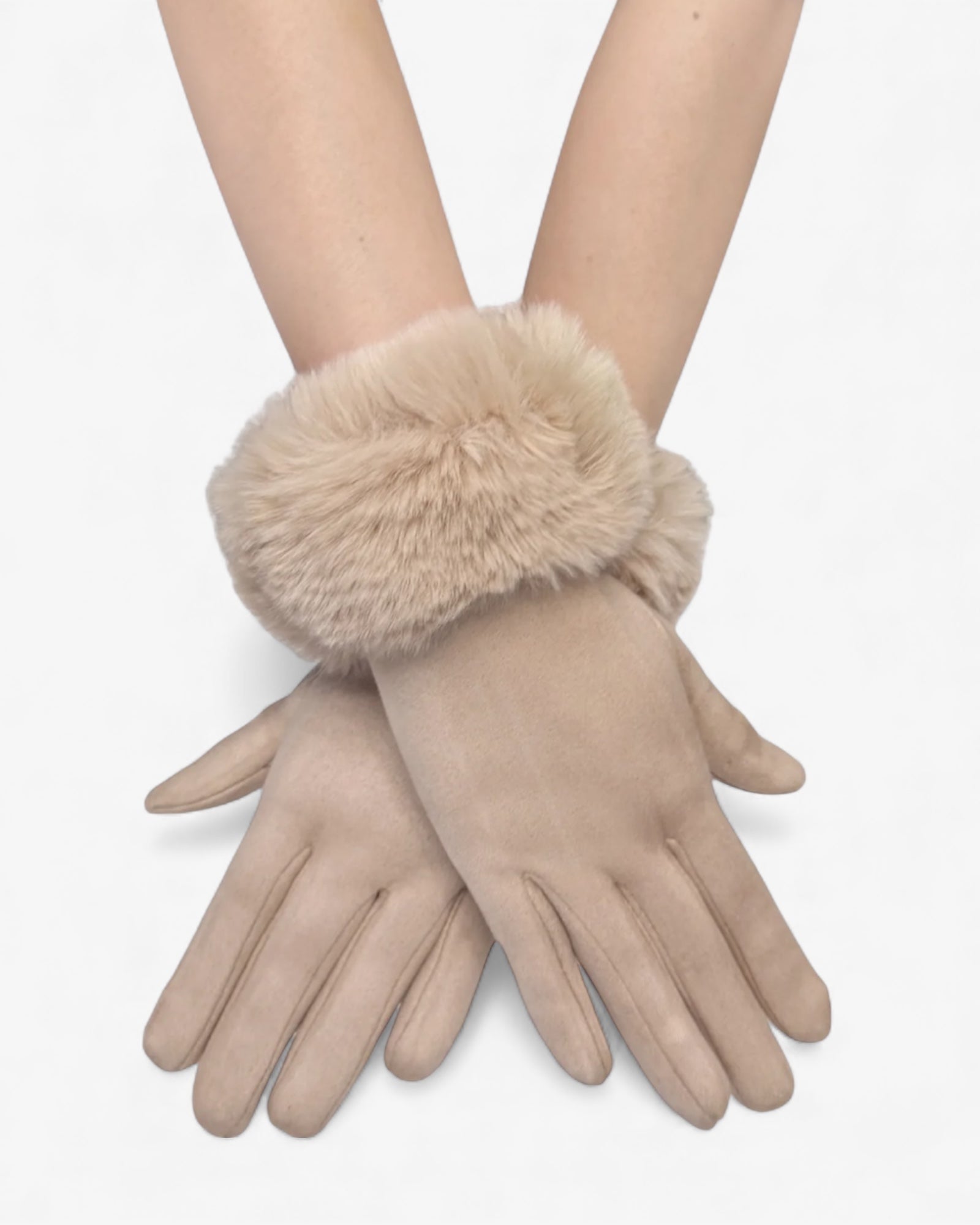 Faux Fur Trim Touch Screen Gloves - Beige