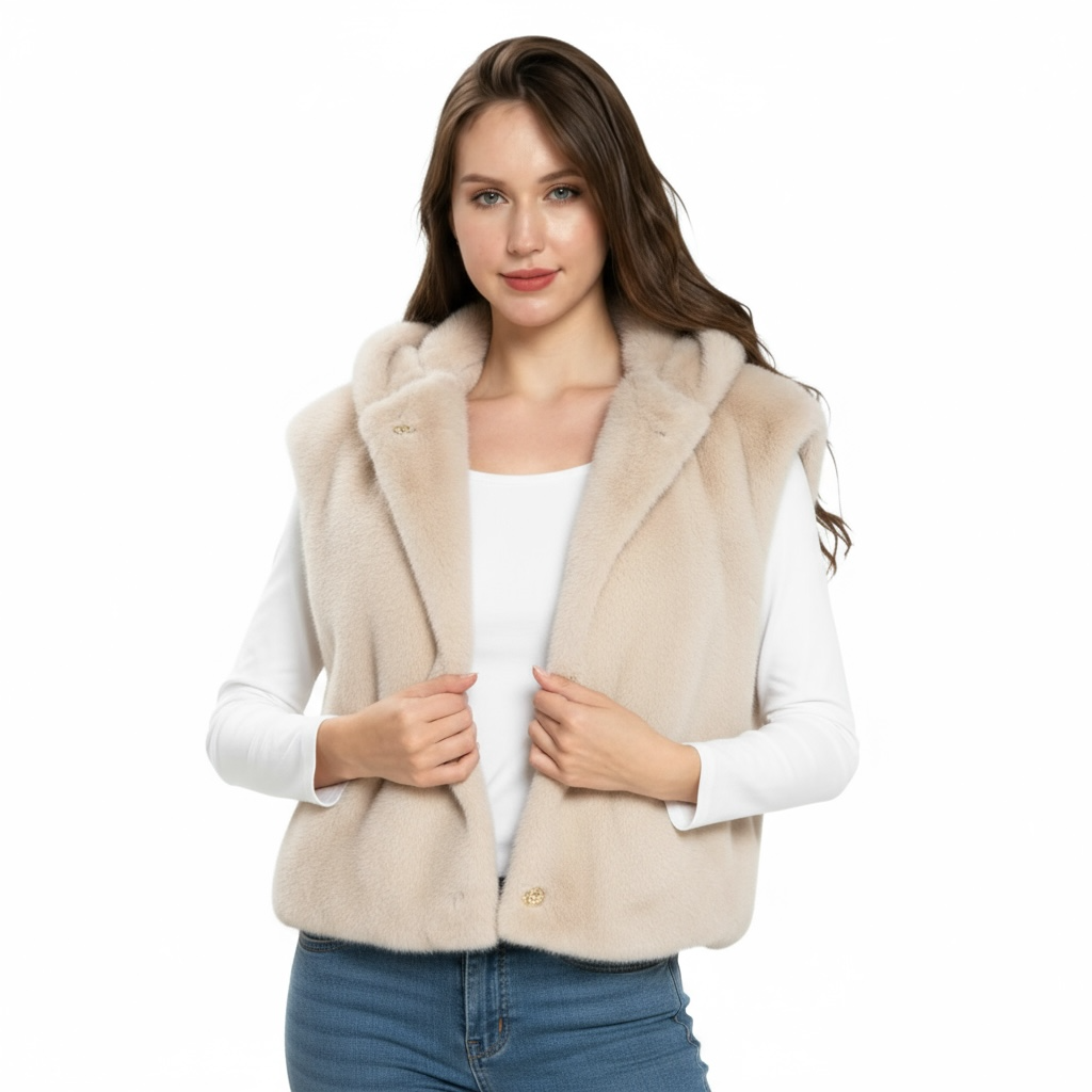 Luxe Faux Fur Hooded Gilet - Beige
