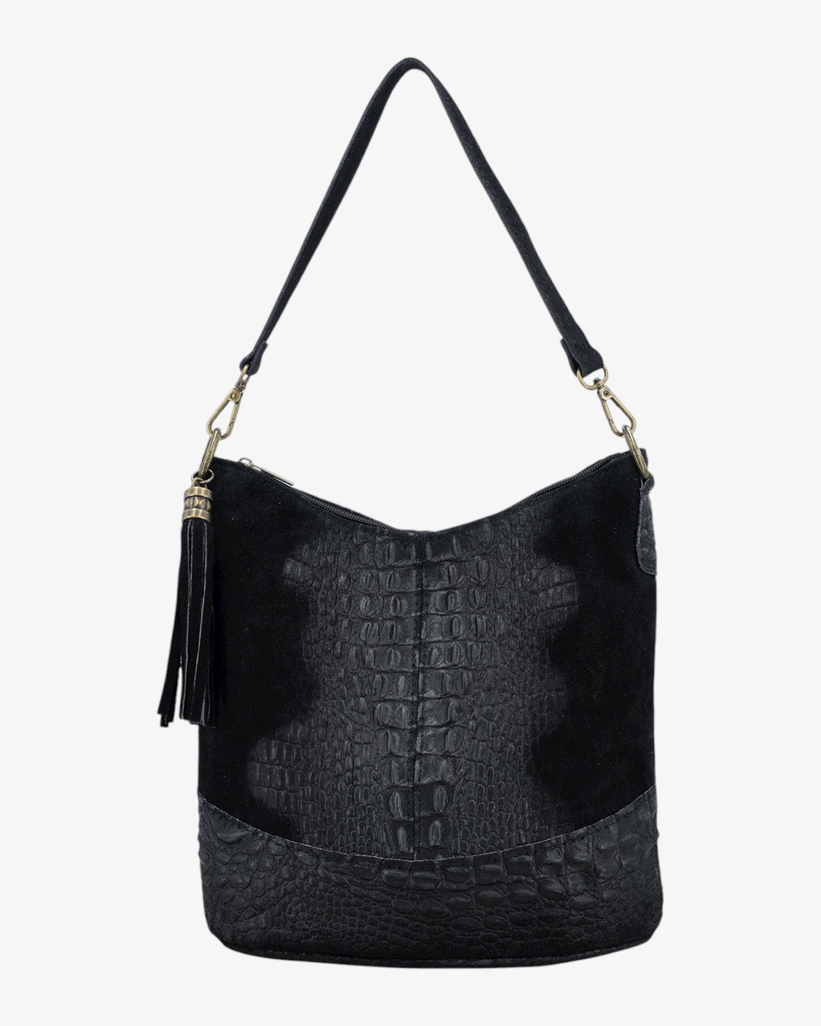 Suede Croc Print Leather Bucket Bag with Tassel