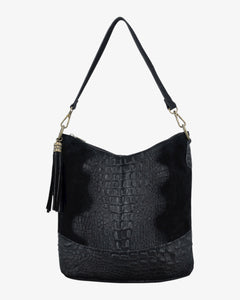 Suede Croc Print Leather Bucket Bag with Tassel