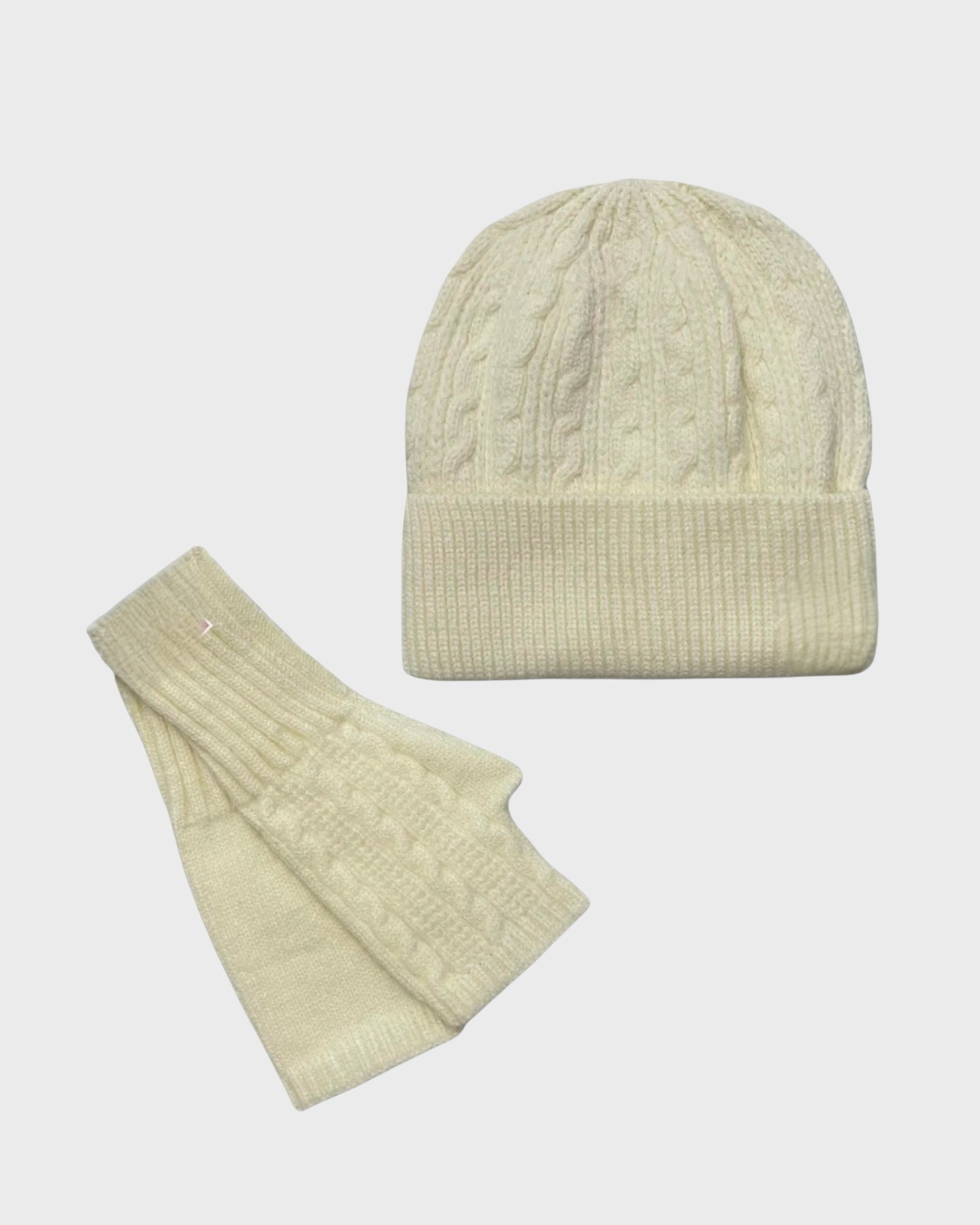 Knitted Wool Hat & Gloves Set - Cream