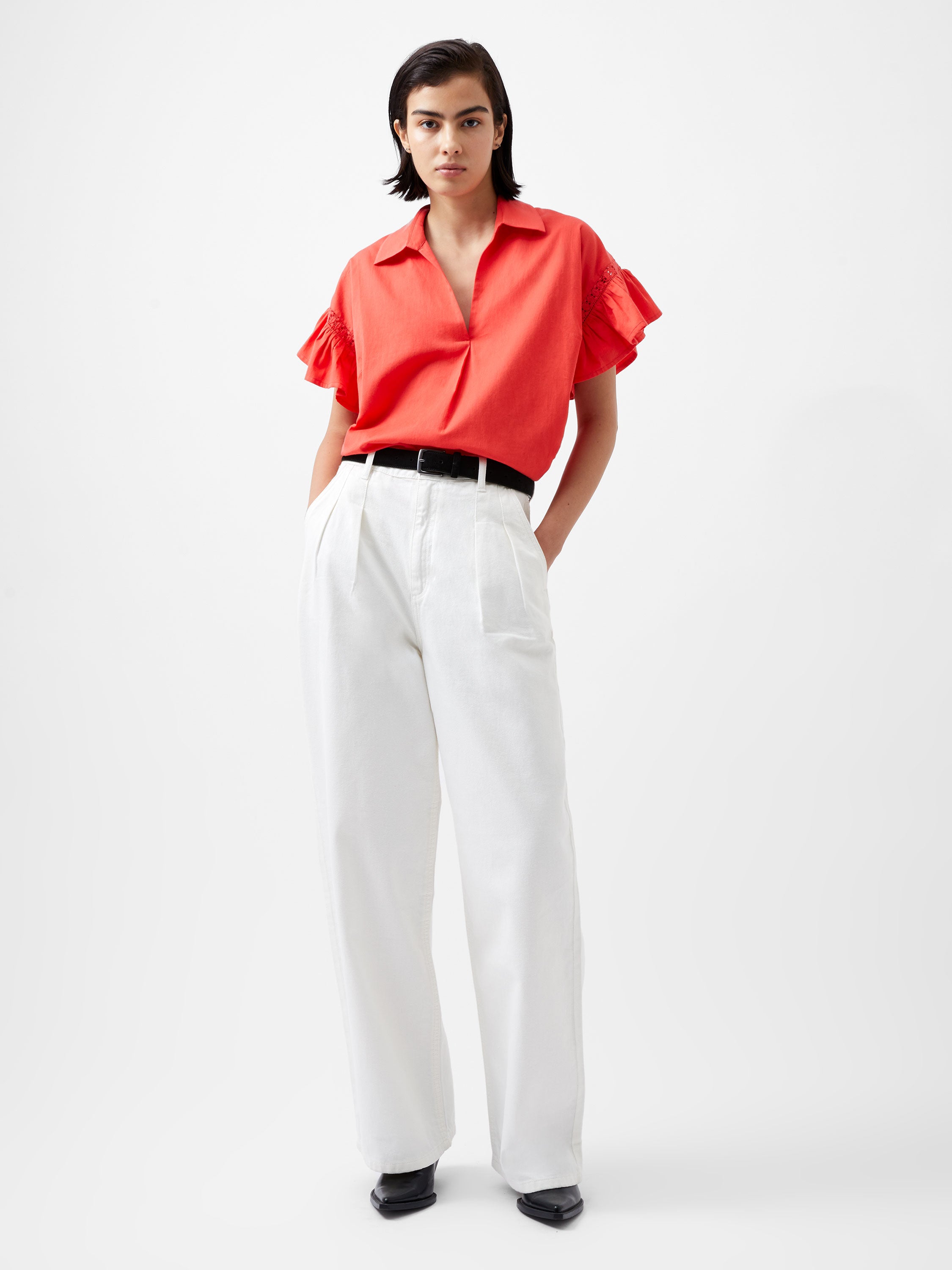 French Connection - Sindey Cotton Short Sleeve Popover Shirt - Red