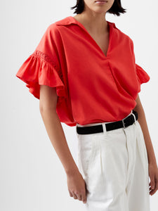 French Connection - Sindey Cotton Short Sleeve Popover Shirt - Red