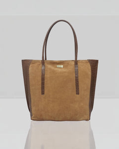 Assots London - ISLA Croc Real Leather & Suede Large Tote Bag - Tan