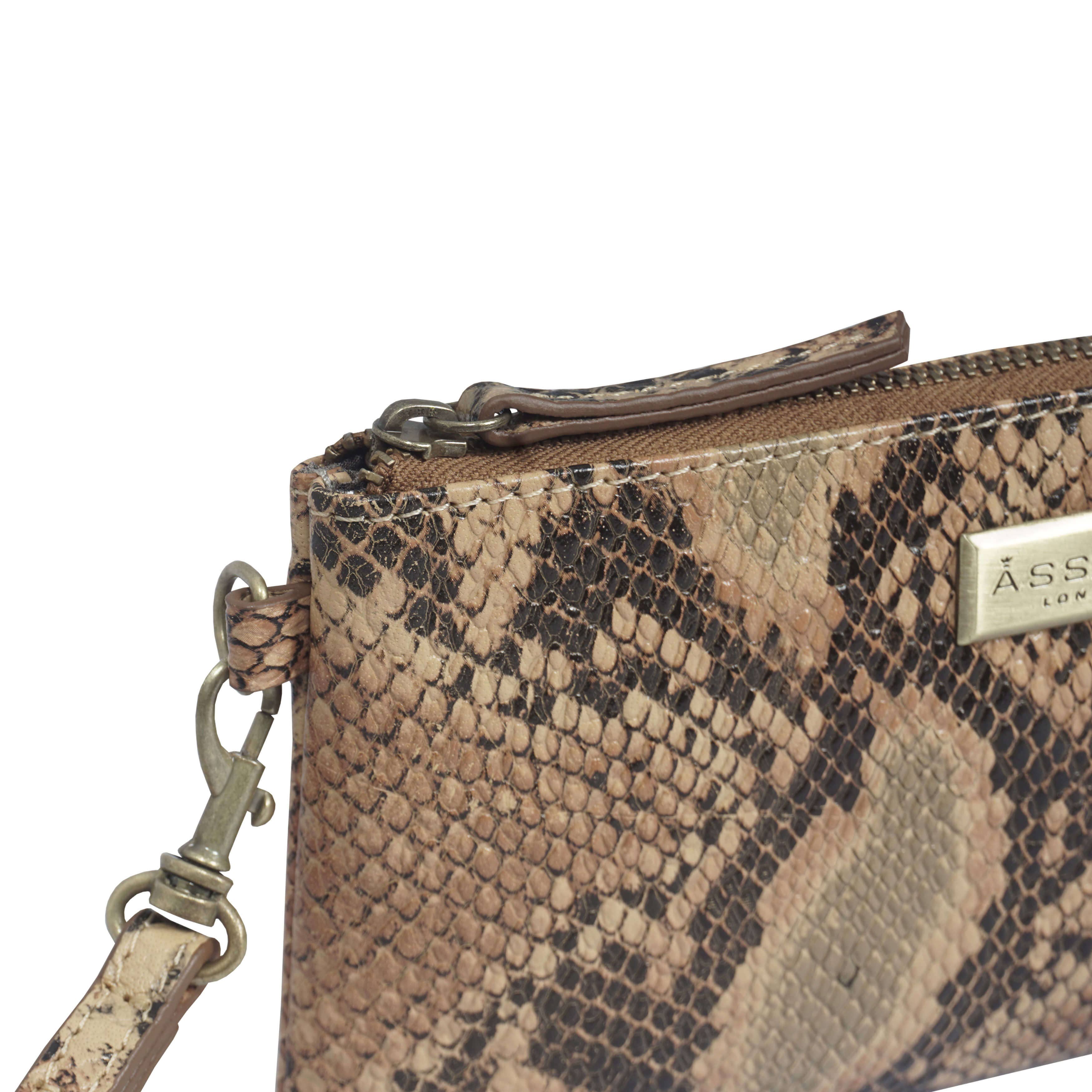 Assots London - Karen Leather Wristlet Clutch Bag - Tan Snake