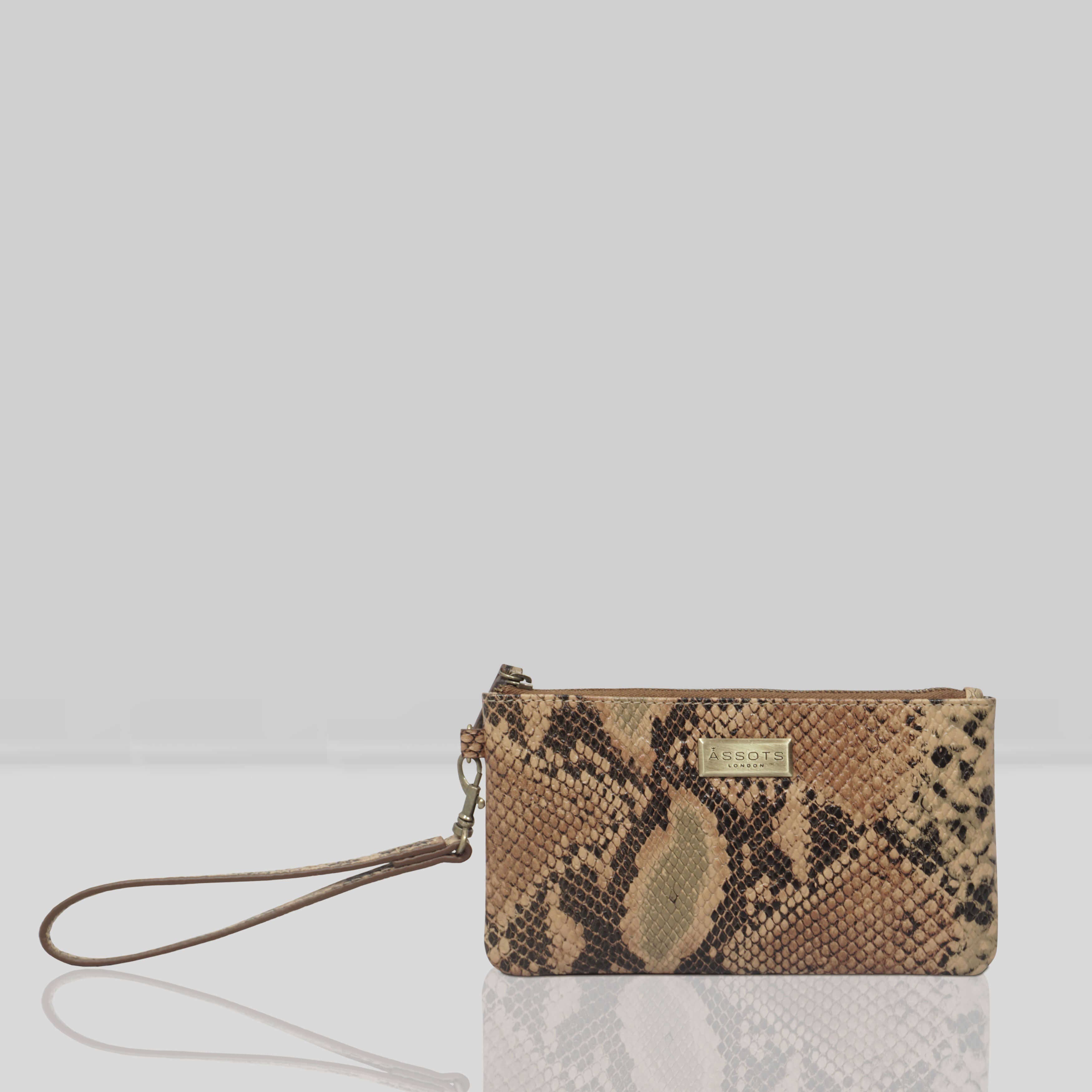 Assots London - Karen Leather Wristlet Clutch Bag - Tan Snake