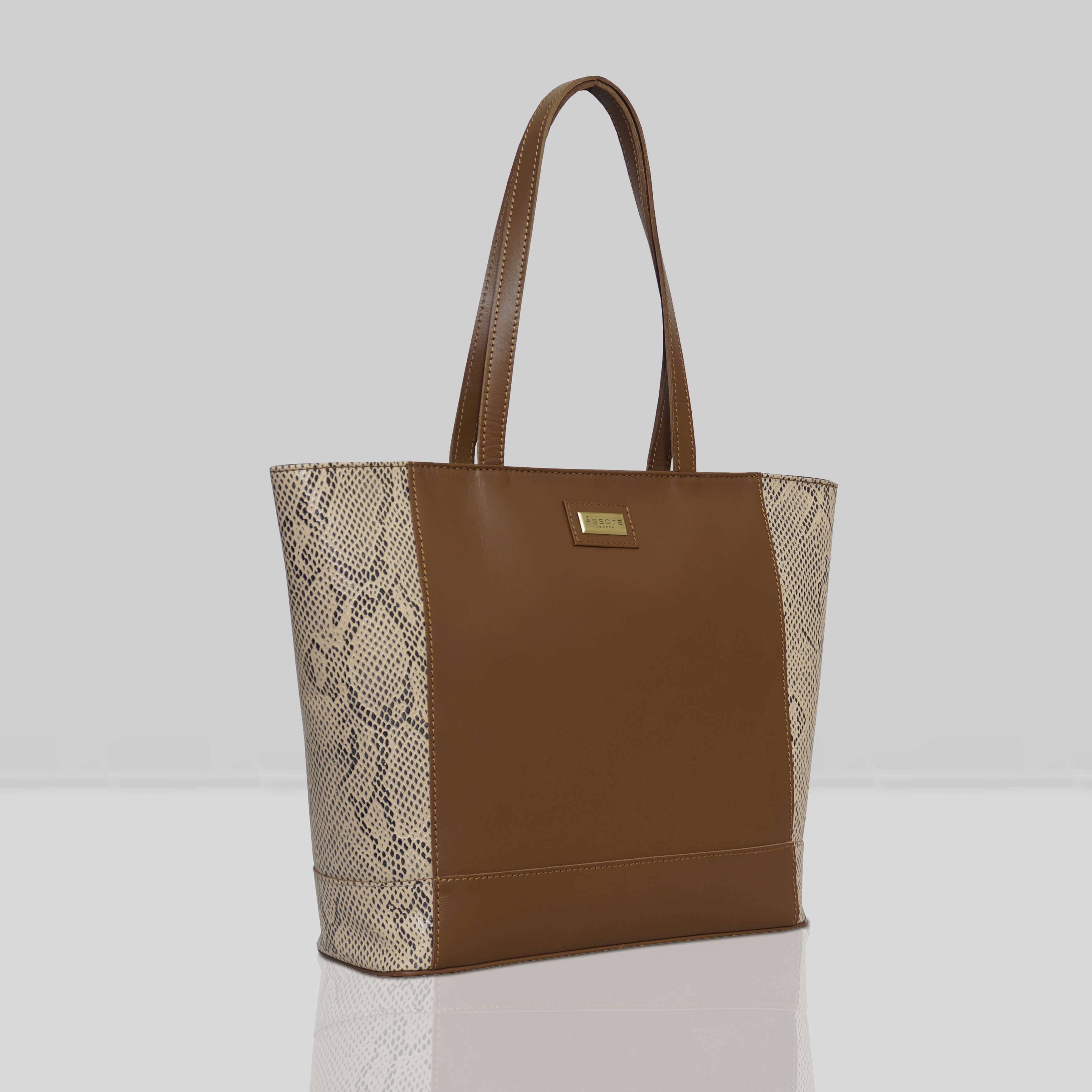 Assots London - Klara Leather Designer Tote - Tan Snake